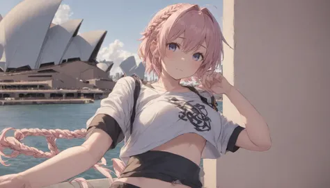 anime girl with pink hair and a white shirt posing in front of a building