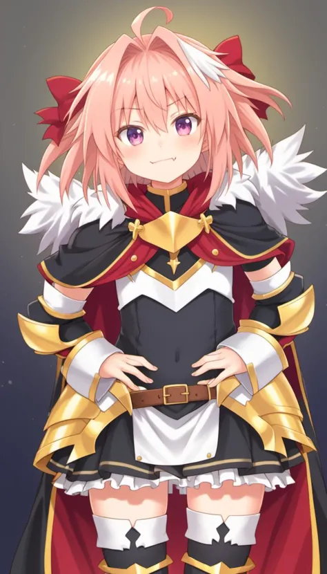 best,hight,amazing,1girl,<lora:astolfo_pony:1>,solo, fur_collar, 1boy, non-web_source, otoko_no_ko, astolfo_\(fate\), hair_ribbon, skin_fang, gauntlets, source_request, cape, looking_at_viewer, male_focus, black_shirt, lowres, hair_ornament