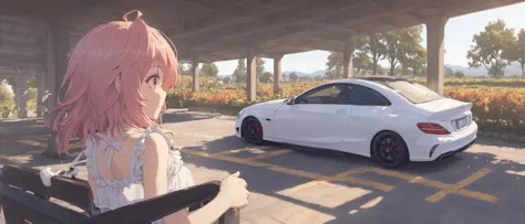 a close up of a person sitting on a bench near a car