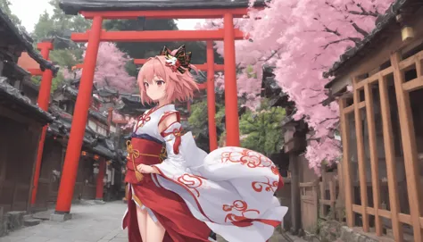 anime girl in a red and white dress standing in front of a red gate