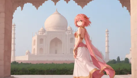 anime girl in white dress standing in front of a white building