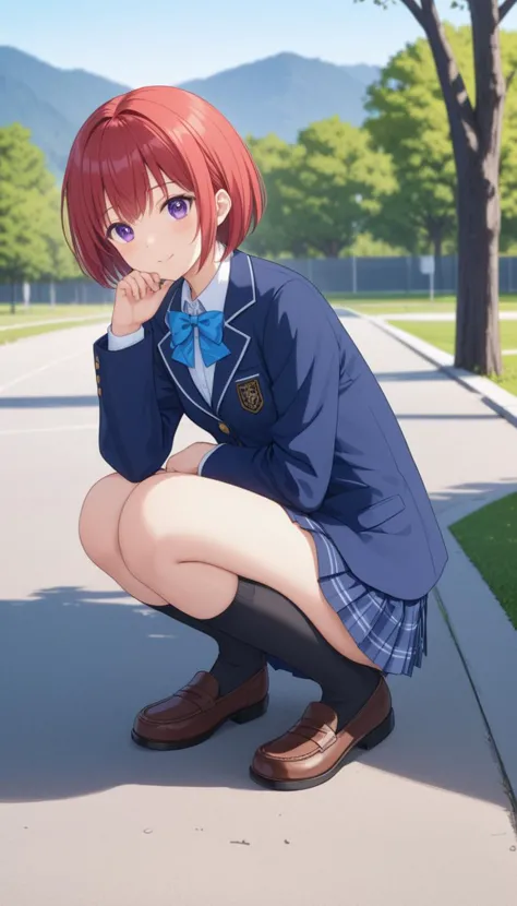 anime girl kneeling down in a school uniform with her hand on her chin