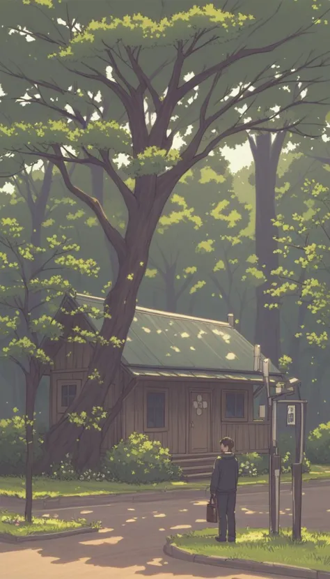 anime scene of a man standing in front of a small house