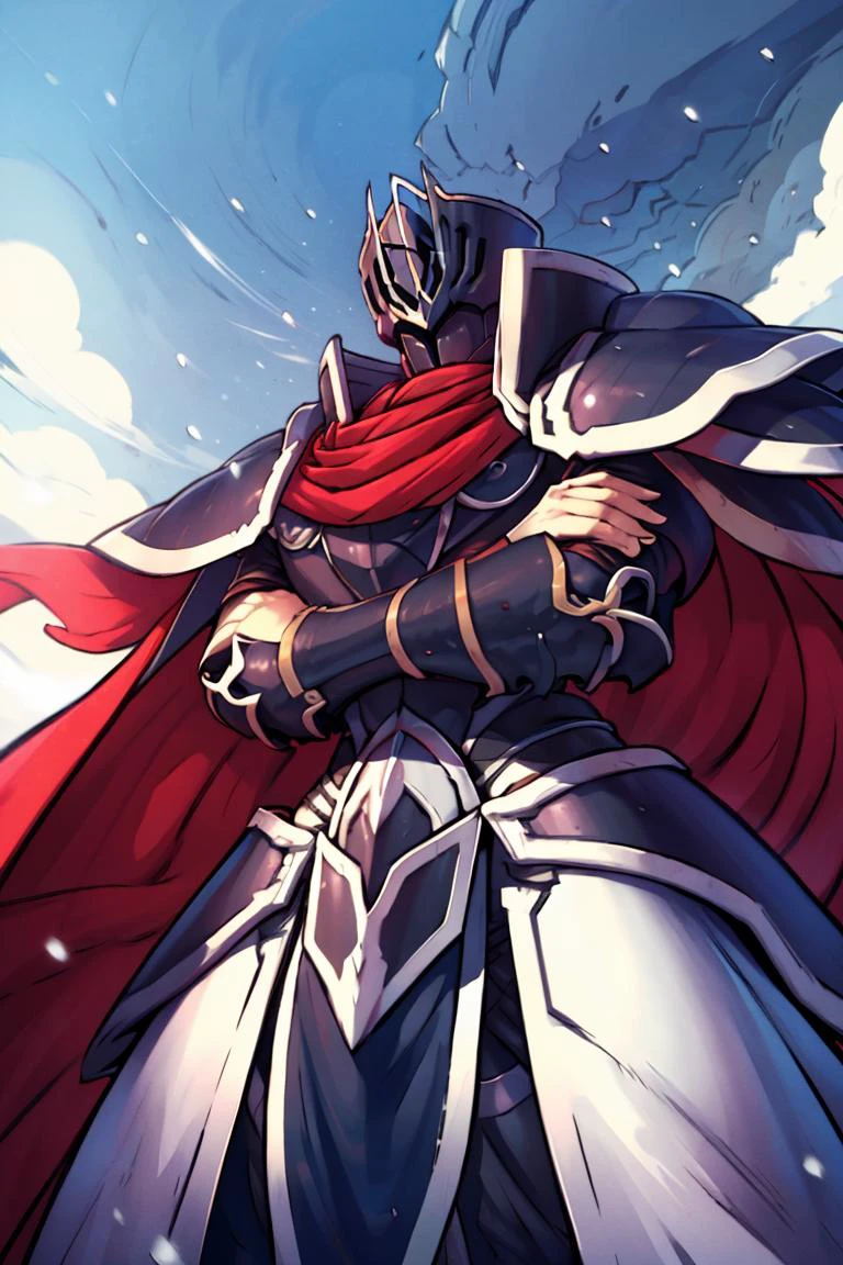 (masterpiece, best quality, detailed:1.2), BlackKnight_fe, armor, helmet, cape, from below, foreshortening, crossed arms, sky background, castle, snowing