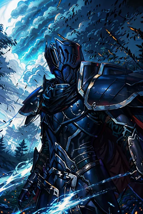 masterpiece, best quality, BlackKnight_fe, Armor, Cape, Helmet, looking at viewer, night sky, forest, clouds, sky, flash of ligh...