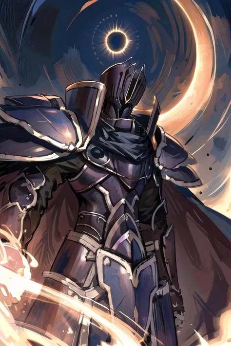 <lora:BlackKnight:0.9>, BlackKnight_fe, armor, helmet, cape, from below, (eclipse, solar eclipse)