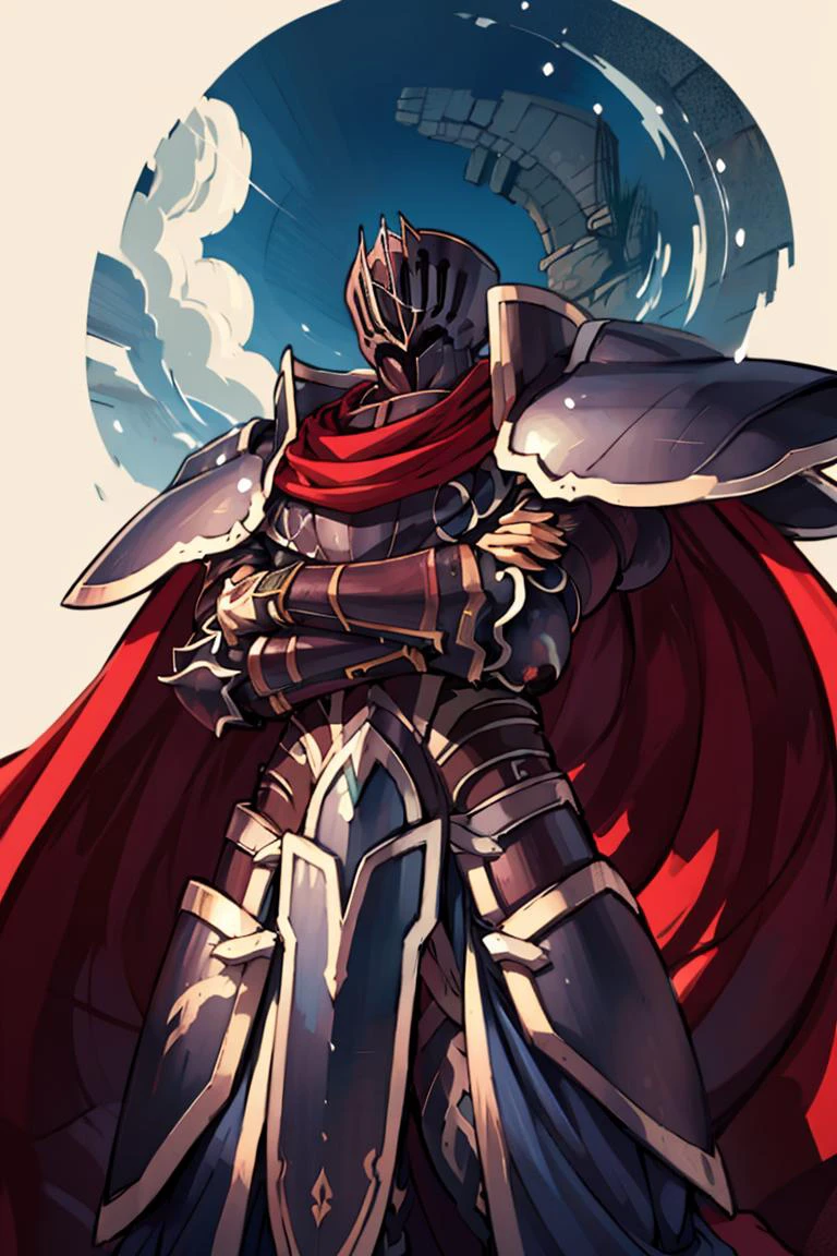 (masterpiece, best quality, detailed:1.2), BlackKnight_fe, armor, helmet, cape, from below, foreshortening, crossed arms, sky background, castle, snowing