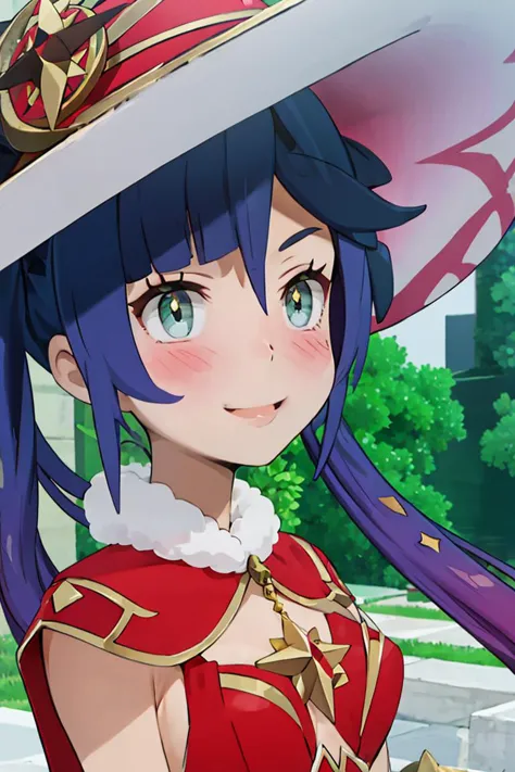 anime girl with blue hair wearing a large hat and holding a sword