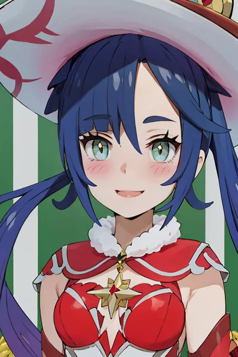 anime girl with blue hair wearing a large hat and red dress