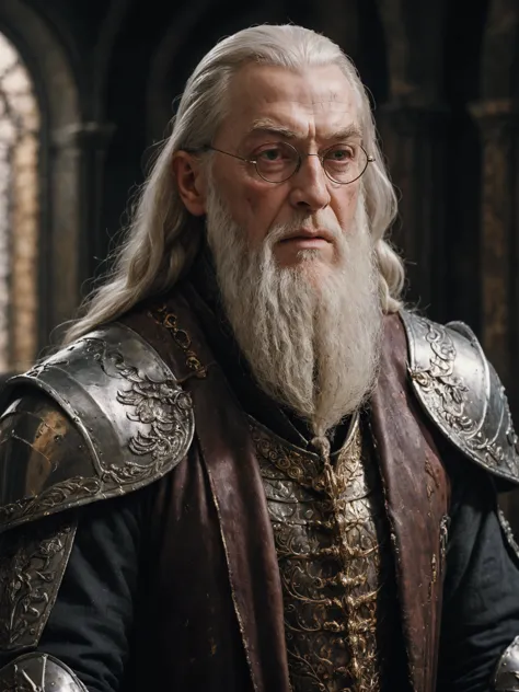 a man with a long white beard and glasses wearing armor