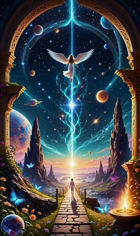 Dreamy astral plane with celestial beings and cosmic wonders, The scene blends elements of fantasy and reality, with barriers al...