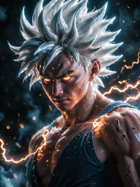 glowneon, photo of glowing Ultra Instinct Son Goku emitting sparks and electricity, dark white, glowing eyes, cinematic film sti...