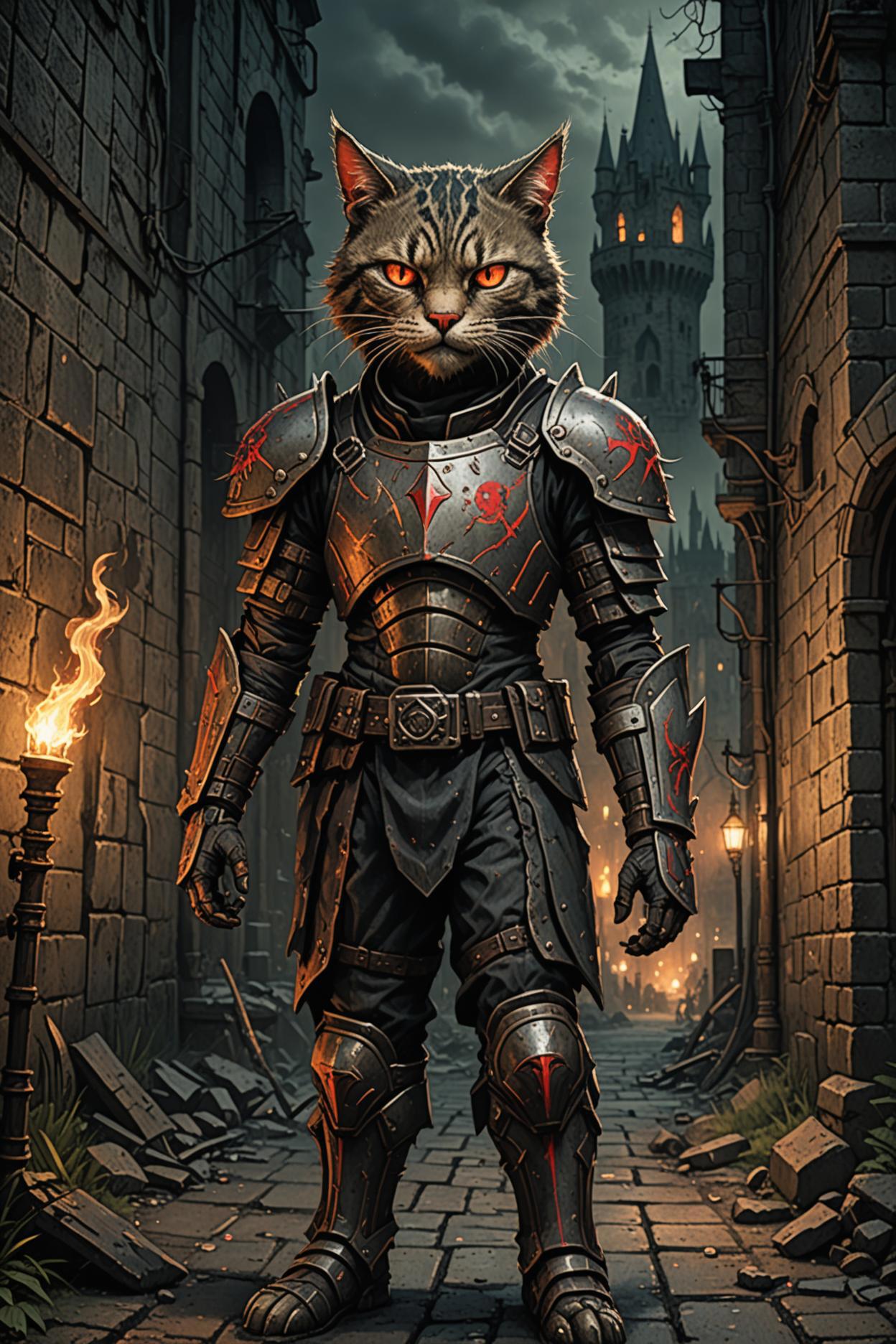 A cat dressed as a knight with a glowing head and armor - SeaArt AI