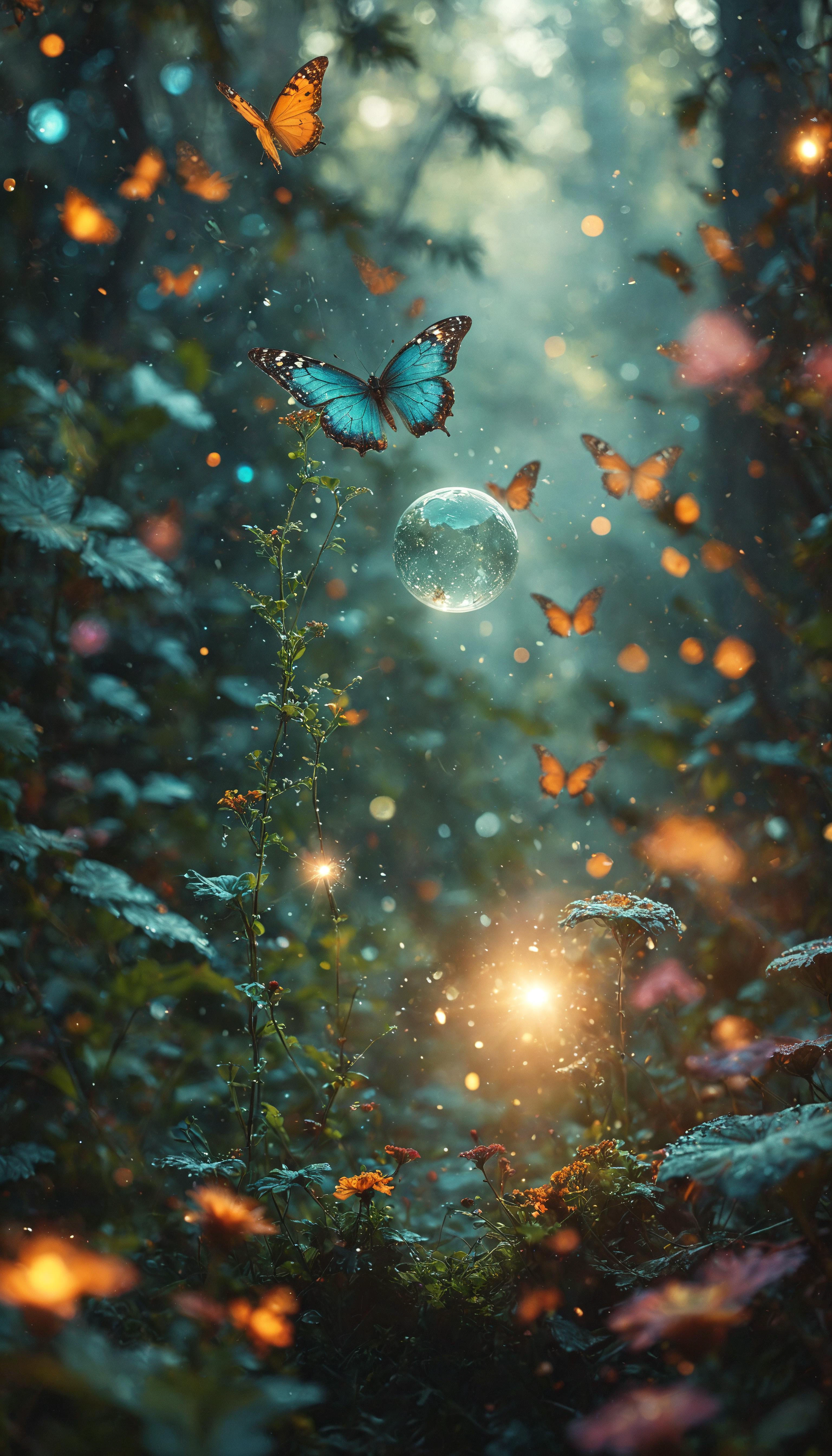 A magical garden with glowing orbs, dust particles, glowing butterflies