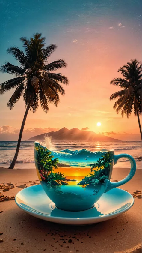 a stunning art piece that reimagines a coffee cup as a luxurious beach paradise. the coffee cup is transformed into a stunning, ...