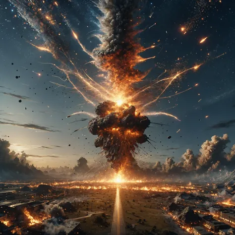 massive meteor in the sky, striking the ground, massive explosion engulfs the horizon, (award winning art by Michael Bay), (masterpiece), <lora:Particles_Style_SDXL:1> ais-particlez