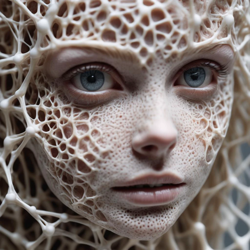 Hyperrealistic art RAW analog photo of a sculpture of a neural network organism, synthetic porcelain girl, skin is mechanical, perforated skin, (looking left), (sharp focus, hyper detailed, highly intricate), natural lighting, . Extremely high-resolution details, photographic, realism pushed to extreme, fine texture, incredibly lifelike