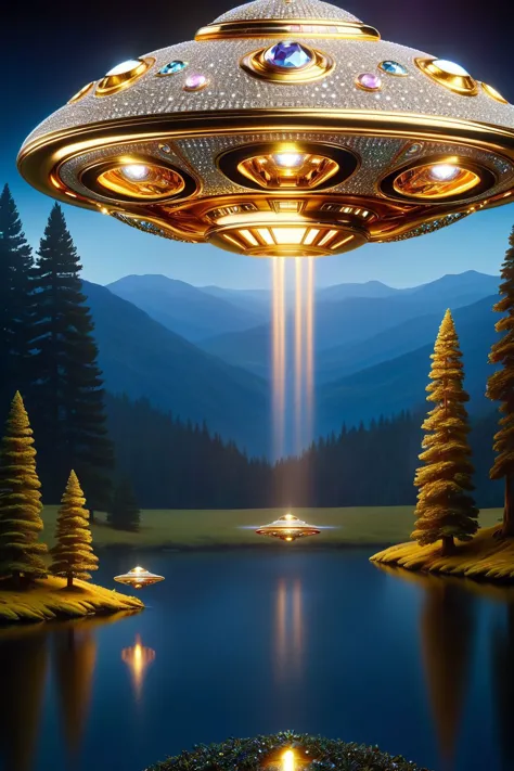 a close up of a flying saucer over a lake with trees