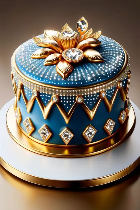 there is a blue cake with gold decorations on it