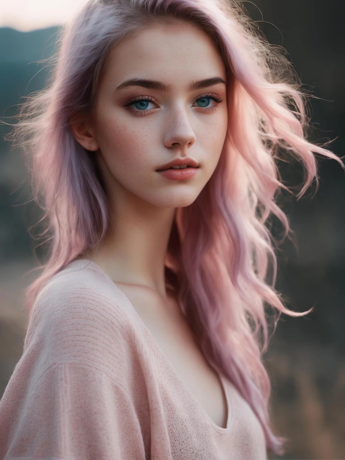 photo of Beau age 18 girl, Cheveux Pastels, taches de rousseur sexy, Beau, fermer, jeune, reflex numérique, 8k, 4K, ultraréaliste, réaliste, peau naturelle, Peau texturée