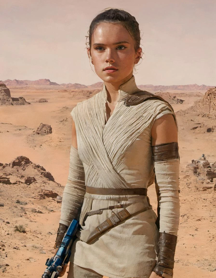 (sksjedi:1.2), 1girl, tunic, masterpiece, best quality, greg rutkowski, desert, 1girl, depth of field, lips, looking at viewer, nose, parted lips, realistic, sksjedi, solo, spacecraft, squatting, teeth, upper body, very short hair , very detailed, high resolution, sharp, sharp image