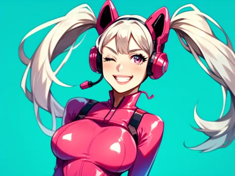 a close up of a person wearing headphones and a pink outfit