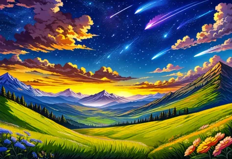 a painting of a mountain landscape with a shooting star