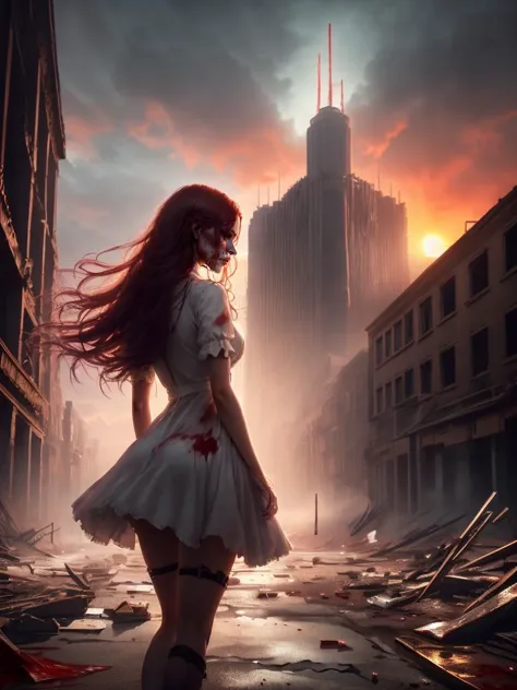 realistic concept art, (establishing shot:1.1), (beautiful and aesthetic:1.1), ultra detailed, masterpiece, best quality, depth of field, angled perspective, wide angle lens, asymmetrical background, (enhanced shadows:1.1), vibrant colors, BREAK
(There's blood in the streets, it's up to my ankles (she came)
Blood in the streets, it's up to my knee (she came)
Blood in the streets, the town of Chicago (she came)
Blood on the rise, it's following me
Think about the break of day
She came and then she drove away
Sunlight in her hair:1.6), BREAK
 <lora:silhouette_20231024094159:0.6> <lora:UrbanAerial_1024_test_2:0.6> <lora:Raid_Arbiter:0.7>