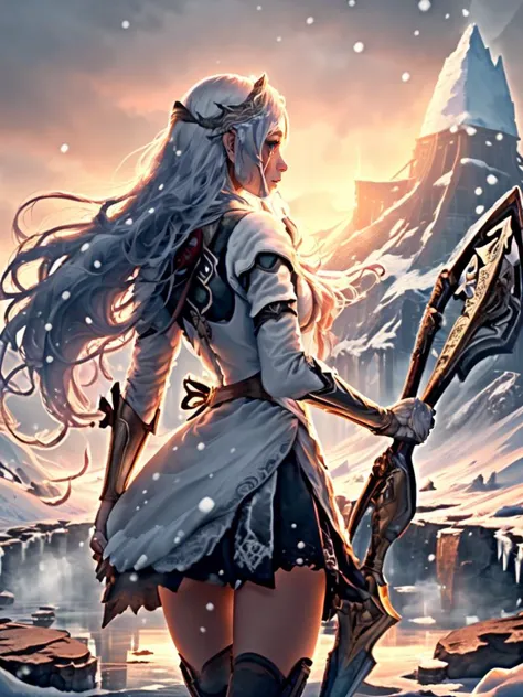 a woman with a sword standing in the snow near a mountain