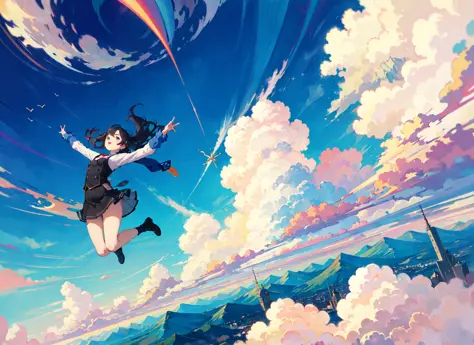 masterpiece, best quality, highres, cute girl flying through clouds, cloud, flying, jumping, falling,
