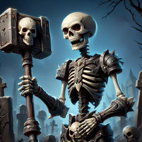 An illustration of a skeleton with a sweet face holding a Battlehammer in the style of picasso,<lora:XL_Weapon_Battlehammer:1>