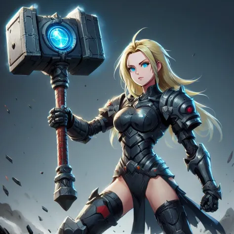 anime art illustration of a Android 18 in a cool pose side view with a Battlehammer.<lora:XL_Weapon_Battlehammer:1>