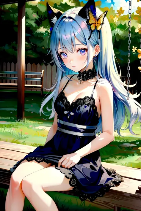 <lora:EnvyPastelGoth01:0.9>,pastel goth,sparkle hair ornament,bee girl,flower trim,mosquito girl,flower swing,taut dress,himejoshi,wet and messy,summer festival,lace-trimmed dress,lace bra,tsumami kanzashi,alice-type underwear,dress flower,butterfly print,arthropod girl,print male underwear,in-universe location,see-through skirt,tail flower,