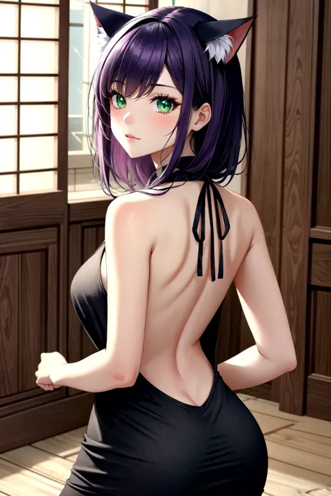 backless outfit,masterpiece,purple hair,green eyes,cat girl,
