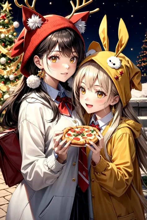 anime couple with pizza in front of christmas tree