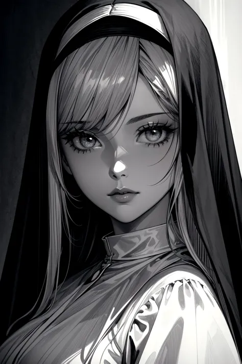 ethereal fantasy concept art of  Gothic style Film noir style beautiful young woman,nun,face close up,monroe,Peachy Coral lipstick,iridescent trim,Gray eyes, . Monochrome . Dark . magnificent