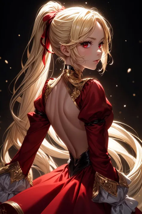 (masterpiece, best quality:1.2),(face focus:1.4),back focus,from behind,blonde hair,long hair,high ponytail,long ponytail,red eyes,long eyelashes,thick eyelashes,looking at viewer,red dress,backless dress,gold trim dress,puffy sleeves,juliet sleeves,long sleeves,red sleeves,(black background:1.2),light particles,blurry,bloom,shiny hair,