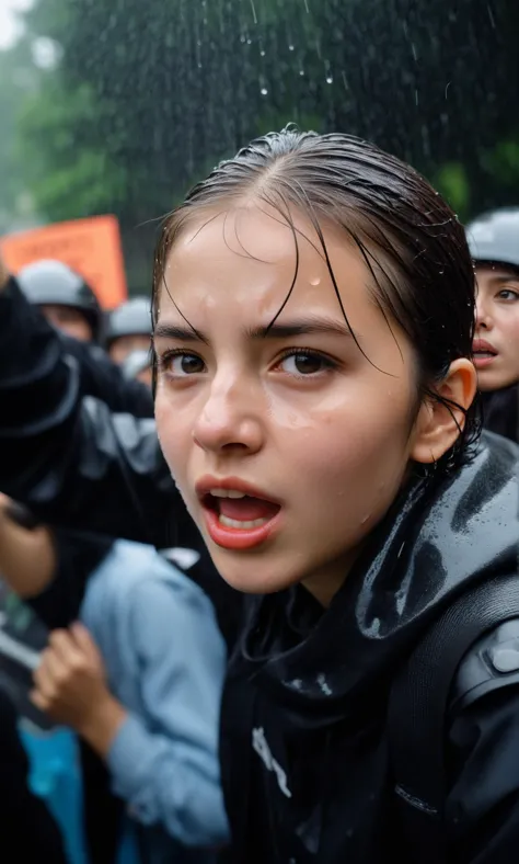 there is a young girl holding a camera in the rain