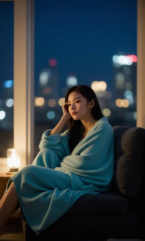 woman sitting on a couch in a room with a city view