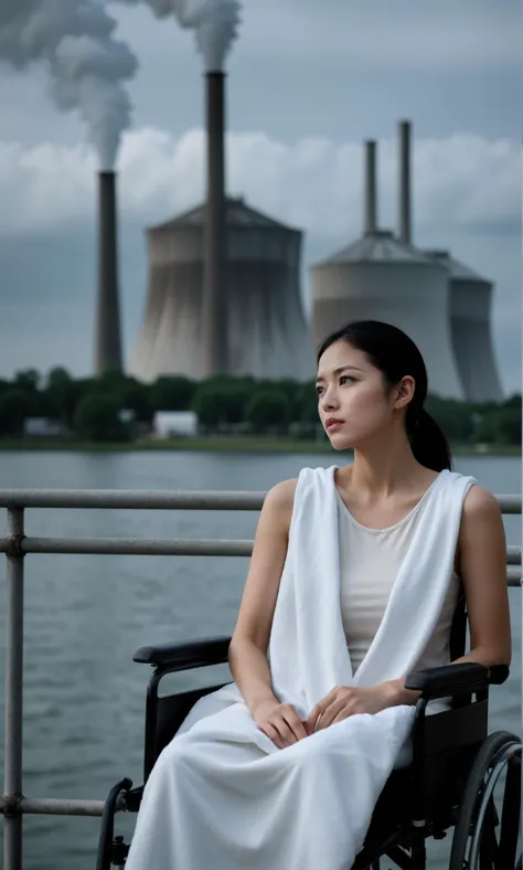 woman in a wheelchair looking at a factory with smoke coming out of it