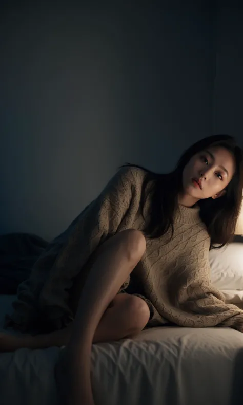 arafed woman sitting on a bed in a dark room