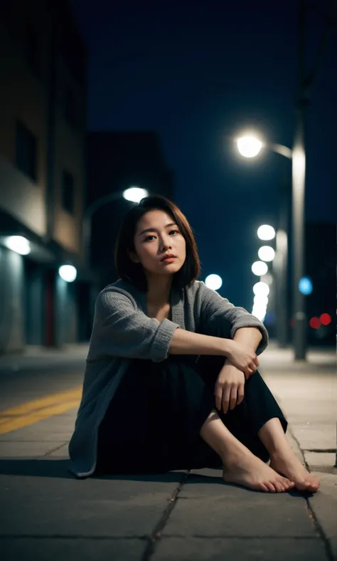 arafed woman sitting on the sidewalk at night in the city