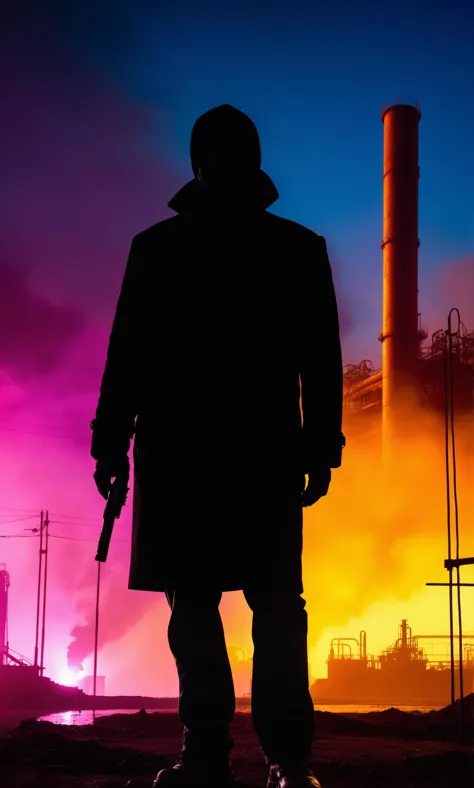 silhouette of a man in a coat and hat holding a gun