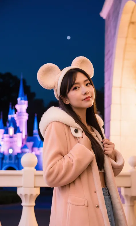 md style, woman, Disneyland castle, evening, plush teddy bear, street lamp, cosplay ears, faux fur coat, fantasy, posing, side profile, park, outdoor, leisure, dreamy atmosphere, bokeh background, dusk, illuminated, themed headband, pink tones, youthful adult, Asian ethnicity, themed attire