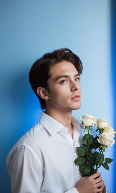 a close up of a man holding a bouquet of flowers