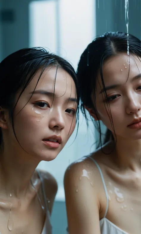 two asian women in white bathing suits are standing in the shower