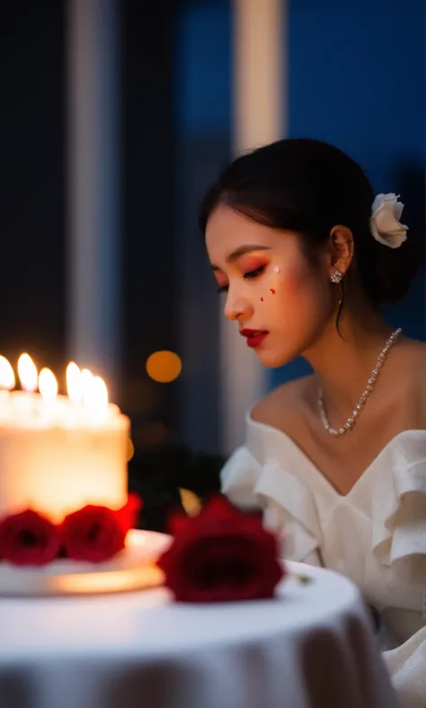 md style,woman,birthday cake,candle,contemplative expression,red roses,white dress,off-shoulder,indoor,low-light,crying,tear on face,moody,celebration,side profile,thoughtful,glass table,petals,dark background,elegance,one person,Asian ethnicity,side-swept hair,seated position,night time,selective focus,bokeh,soft lighting,