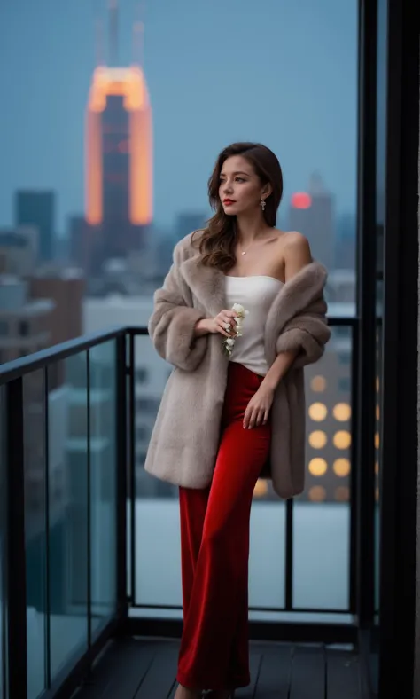 a woman standing on a balcony with a city skyline in the background