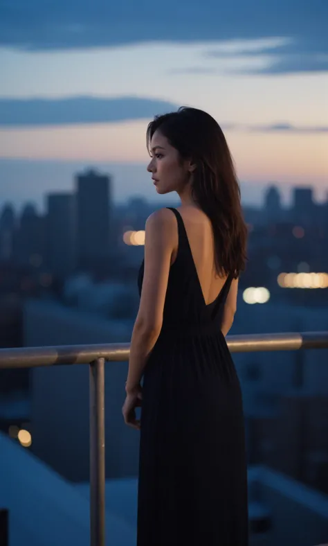 a woman in a black dress standing on a balcony looking at the city