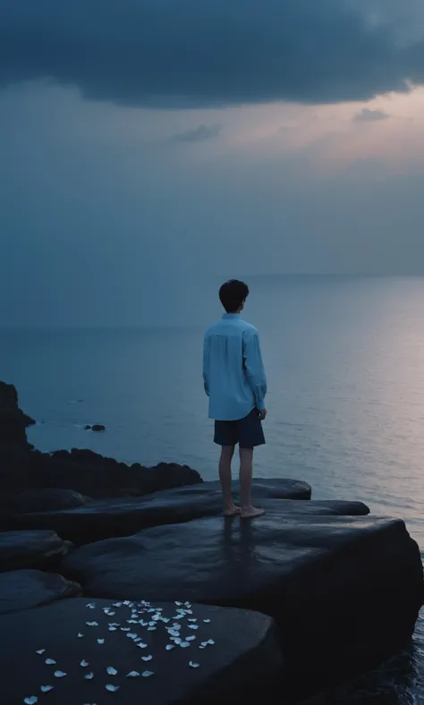 md style, Person standing on rocks, seashore, dusk, blue tone, melancholic atmosphere, long-sleeve shirt, shorts, looking at horizon, sky with clouds, single person, outdoor, scattered petals, calm sea, rocks, serene, vertical composition, solitary figure.